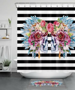 Boho Skull Flower Feather Shower Curtain for Hippie Bathroom Decor