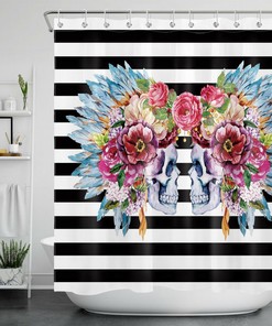 Boho Skull Flower Feather Shower Curtain for Hippie Bathroom Decor