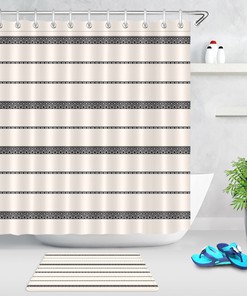 Boho Stripe Print Shower Curtain - Black and Cream Bathroom Decor with Beautiful Fabric Hooks