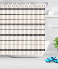 Boho Stripe Print Shower Curtain - Black and Cream Bathroom Decor with Beautiful Fabric Hooks