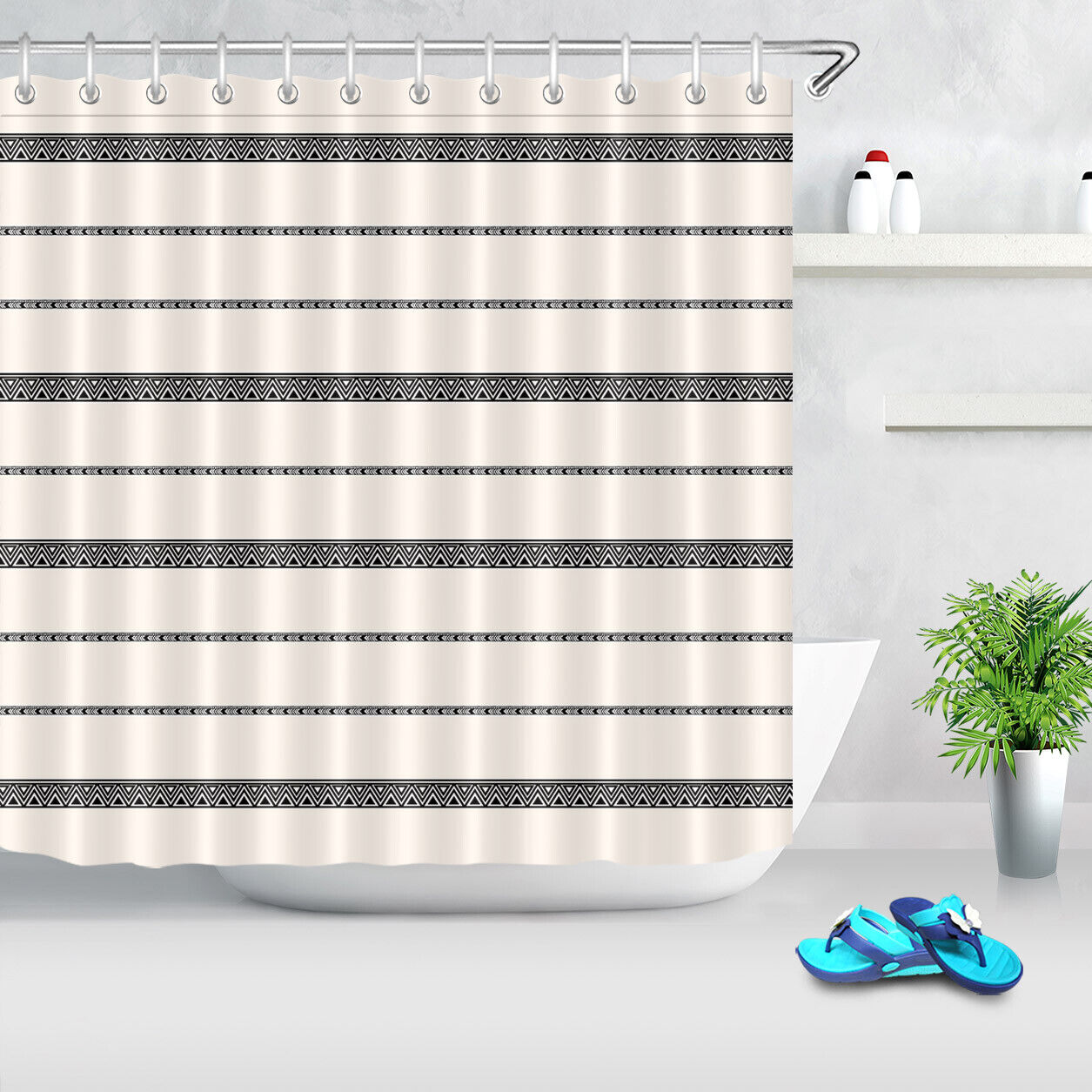 Boho Stripe Print Shower Curtain Black and Cream Bathroom Decor with