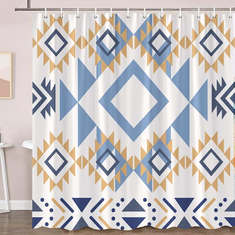 Boho Triangle Shower Curtain - Vintage Aztec Geometric Pattern for Ethnic Bathroom Decor