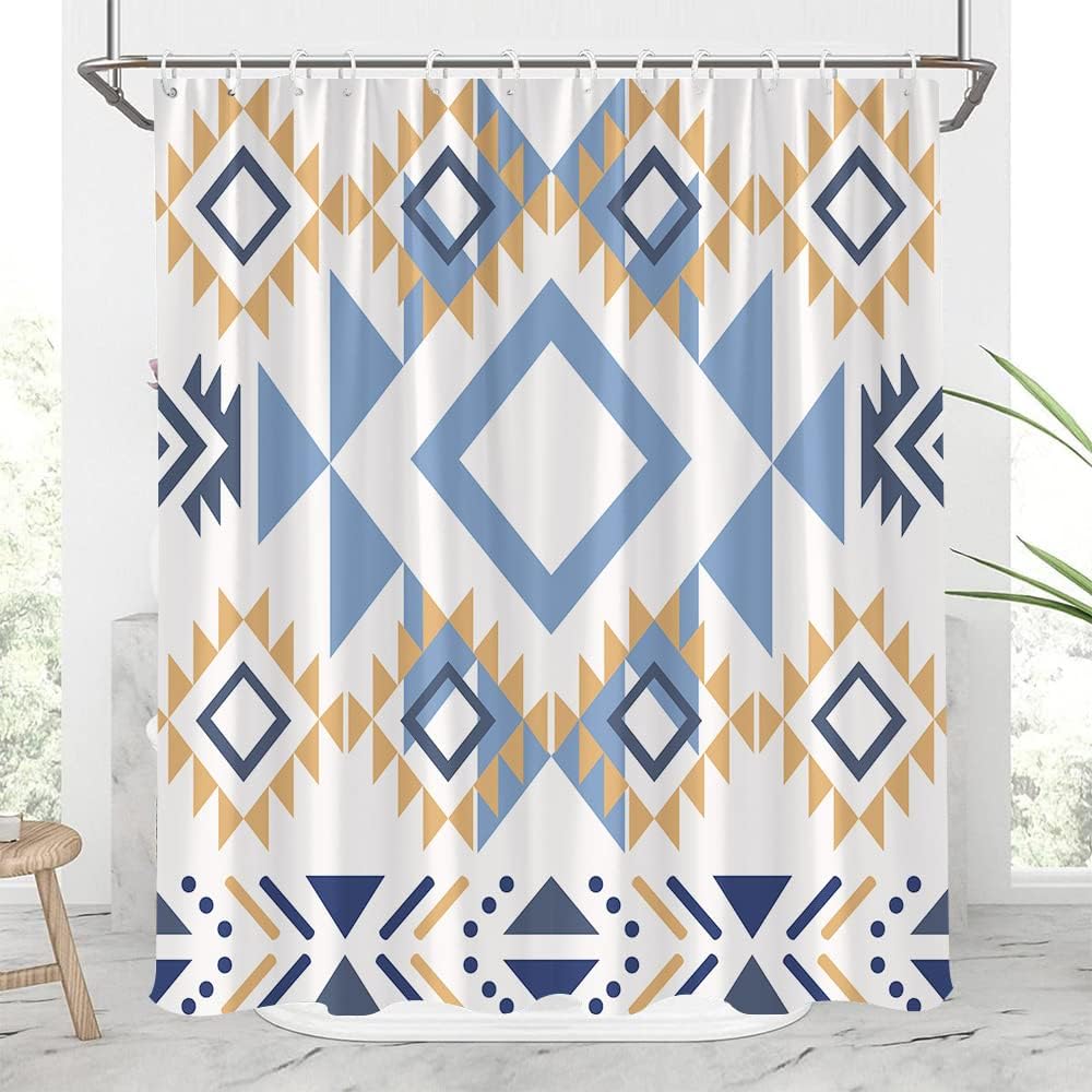 Boho Triangle Shower Curtain - Vintage Aztec Geometric Pattern for Ethnic Bathroom Decor