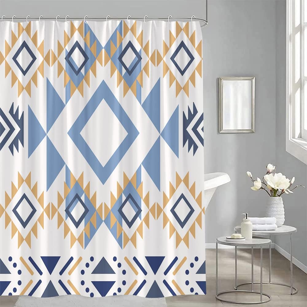 Boho Triangle Shower Curtain - Vintage Aztec Geometric Pattern for Ethnic Bathroom Decor