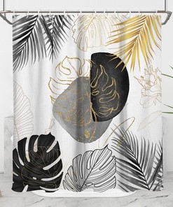 Boho Tropical Leaves Shower Curtain with Black and Gold Abstract Gray Silver Floral Art Design - Elegant Home Bathroom Decoration