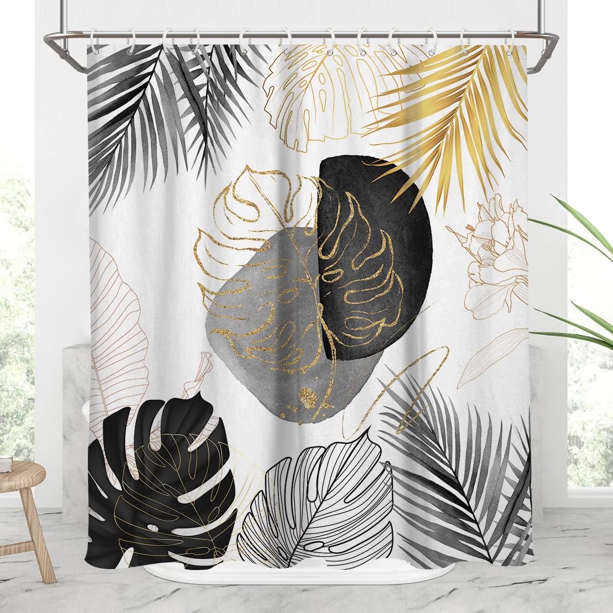 Boho Tropical Leaves Shower Curtain with Black and Gold Abstract Gray Silver Floral Art Design - Elegant Home Bathroom Decoration