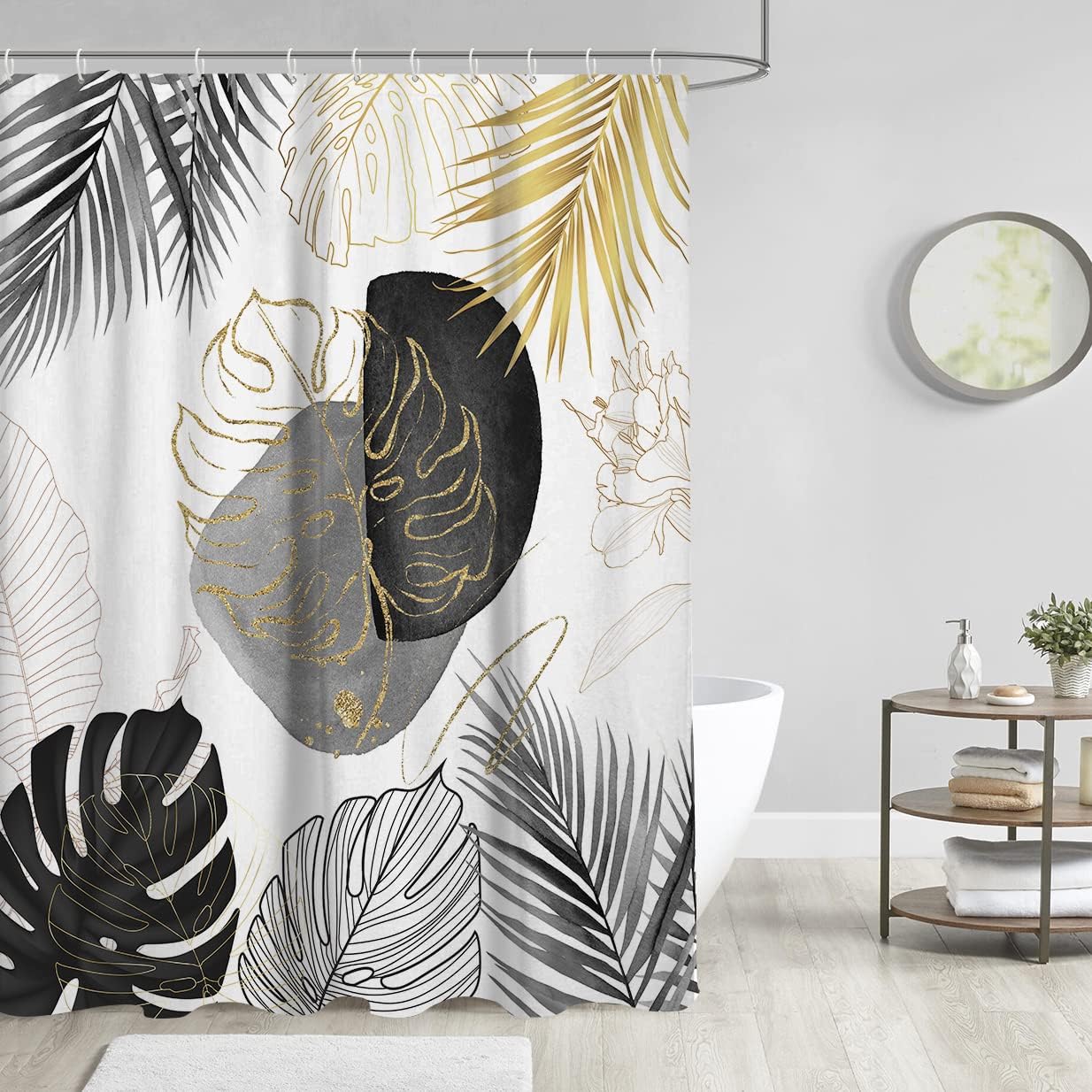 Boho Tropical Leaves Shower Curtain with Black and Gold Abstract Gray Silver Floral Art Design - Elegant Home Bathroom Decoration
