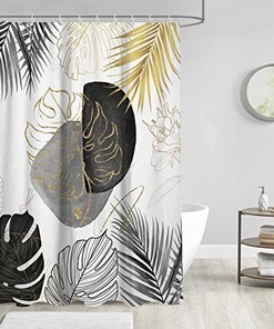 Boho Tropical Leaves Shower Curtain with Black and Gold Leaf Design, Perfect for Bathroom Decor
