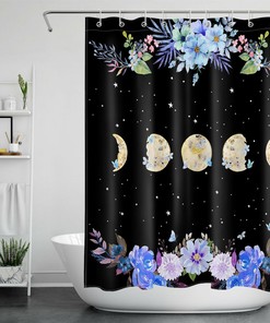 Boho Watercolor Moon Phase Shower Curtain with Butterfly and Flower 