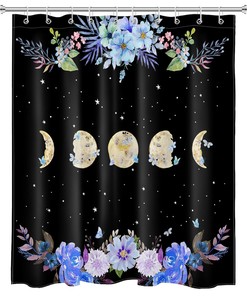 Boho Watercolor Moon Phase Shower Curtain with Butterfly and Flower
