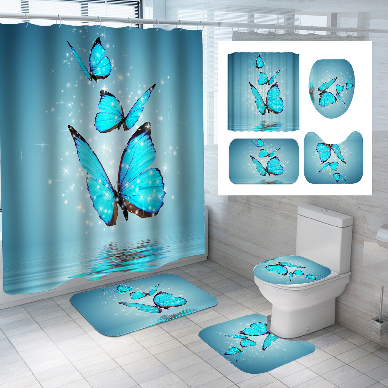 Bold Blue Butterfly Shower Curtain, Waterproof Fabric