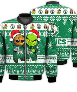Boston Celtics Baby Groot And Grinch Best Friends Football American Ugly Christmas Sweater Gifts Unisex 3D Bomber Jacket
