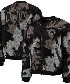 Boston Celtics The Wild Collective Women's Camo Sherpa Full-Zip Bomber Jacket - Black