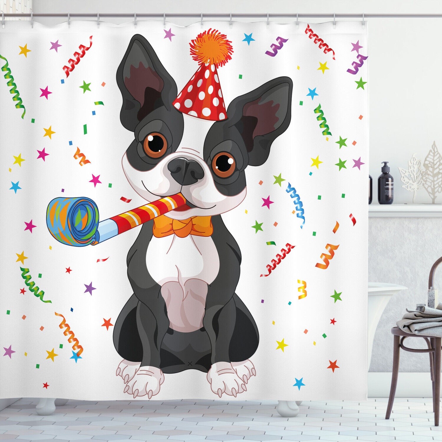 Boston Terrier Dog Print Shower Curtain for Cute Bathroom Decor