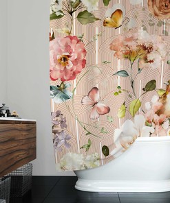 Botanical Boho Shower Curtain - Beige Flowers, Yellow Birds, and Pink Butterflies 