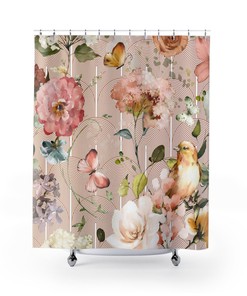 Botanical Boho Shower Curtain - Beige Flowers, Yellow Birds, and Pink Butterflies