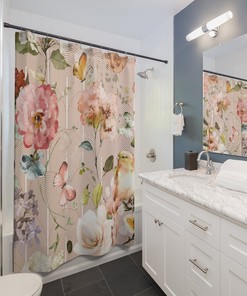 Botanical Boho Shower Curtain - Beige Flowers, Yellow Birds, and Pink Butterflies 