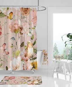 Botanical Boho Shower Curtain - Beige Flowers, Yellow Birds, and Pink Butterflies 