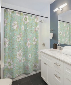 Botanical Boho Shower Curtain, Pink White Green, Farmhouse Watercolor Print, Water Resistant and Machine Washable