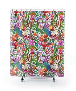 Botanical Boho Shower Curtain with Mushroom, Leaf, and Tree Print 