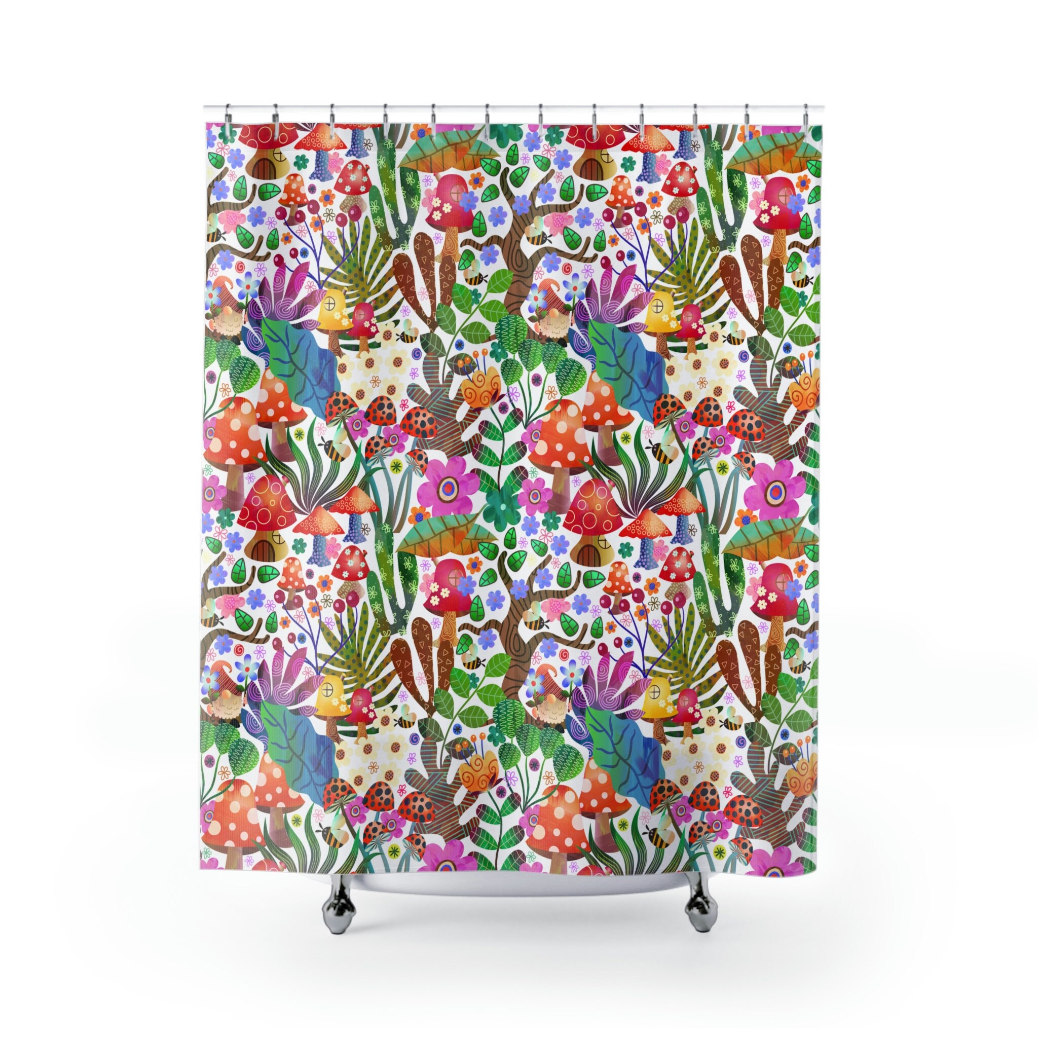 Botanical Boho Shower Curtain with Mushroom, Leaf, and Tree Print
