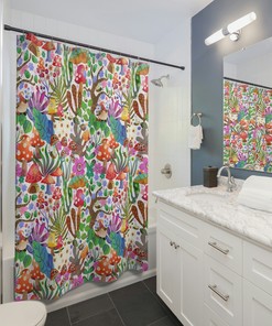 Botanical Boho Shower Curtain with Mushroom, Leaf, and Tree Print