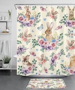 Botanical Butterfly Flower Rabbit Beige Shower Curtain with Cute Animal Design