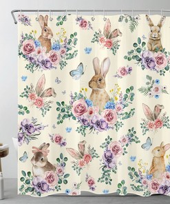 Botanical Butterfly Flower Rabbit Beige Shower Curtain with Cute Animal Design