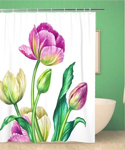 Botanical Colorful Summer Tulips Floral Bouquet Shower Curtain, Waterproof Fabric, Home and Bathroom Decor