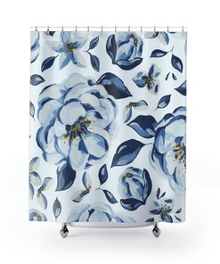 Botanical Floral Shower Curtain, Blue and White Design