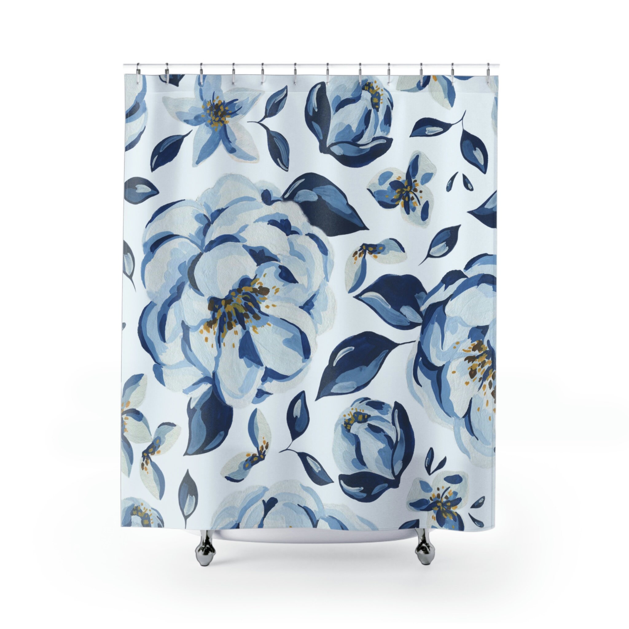 Botanical Floral Shower Curtain, Blue and White Design
