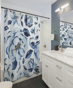 Botanical Floral Shower Curtain, Blue and White Design