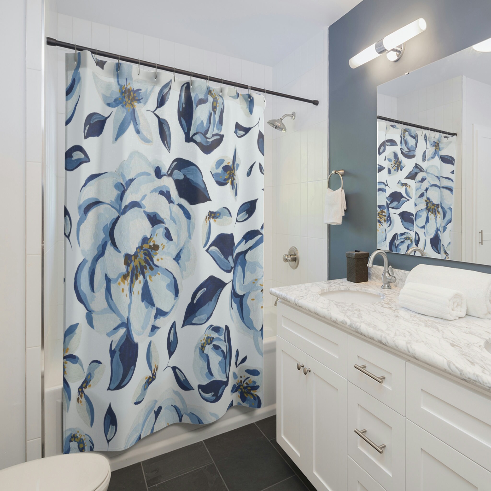 Botanical Floral Shower Curtain, Blue and White Design
