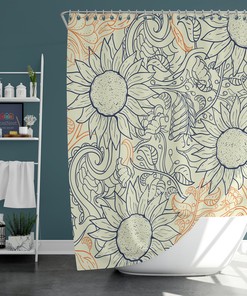 Botanical Floral Summer Shower Curtain - Blue Orange Sunflower Fabric Bathroom Mat