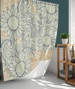 Botanical Floral Summer Shower Curtain - Blue Orange Sunflower Fabric Bathroom Mat