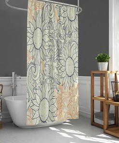 Botanical Floral Summer Shower Curtain - Blue Orange Sunflower Fabric Bathroom Mat