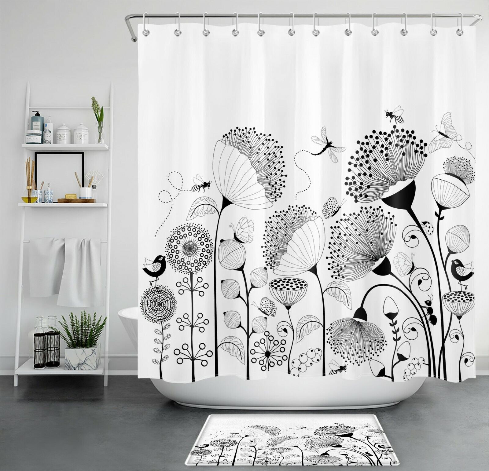 Botanical Flower Shower Curtain - Dragonfly and Bee Bathroom Accessory