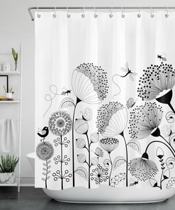 Botanical Flower Shower Curtain - Dragonfly and Bee Bathroom Accessory