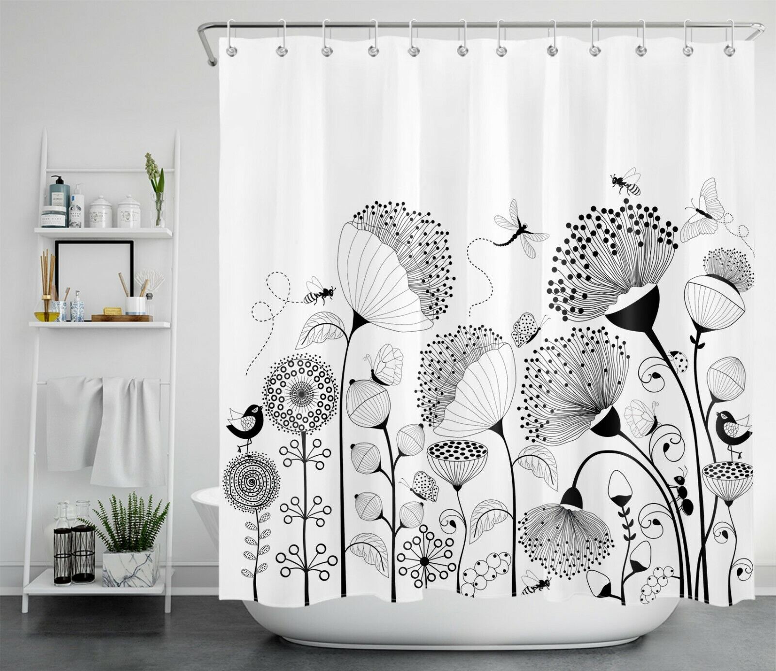 Botanical Flower Shower Curtain - Dragonfly and Bee Bathroom Accessory