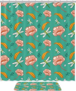 Botanical Flowers Leaves Dragonfly Printing Waterproof Fabric Bathroom Shower Curtain