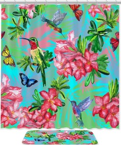 Botanical Shower Curtain, Blooming Flowers, Birds, Butterflies and Hummingbirds, Rhododendron Design