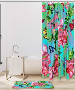 Botanical Shower Curtain, Blooming Flowers, Birds, Butterflies and Hummingbirds, Rhododendron Design