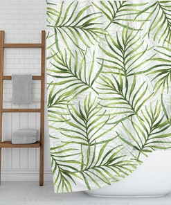 Botanical Watercolor Boho Shower Curtain, Green Palm Leaves, Bohemian Bathroom Decoration