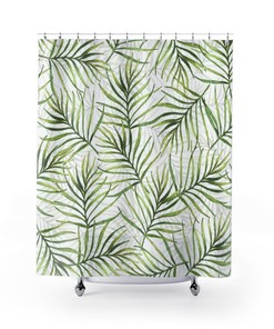 Botanical Watercolor Boho Shower Curtain, Green Palm Leaves, Bohemian Bathroom Decoration