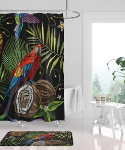 Botanical Watercolor Tropical Boho Shower Curtain, Parrot Pineapple Coconut Black Sage Green, Minimalist Bathroom Decor