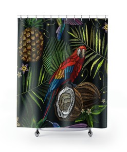 Botanical Watercolor Tropical Boho Shower Curtain, Parrot Pineapple Coconut Black Sage Green, Minimalist Bathroom Decor