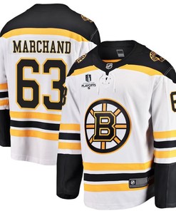 Brad Marchand 63 Boston Bruins Stanley Cup 2023 Playoffs Patch Away Breakaway Men Jersey - White