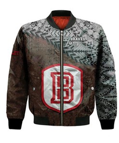 Bradley Braves Bomber Jacket Grunge Polynesian Tattoo- NCAA