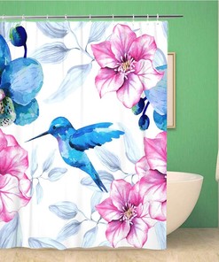 Branch Flower Pattern Blue and Pink Hummingbirds Shower Curtain - Watercolor Birds Drawing Bathroom Decor