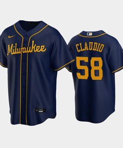 Brewers 58 Alex Claudio Alternate Navy Jersey